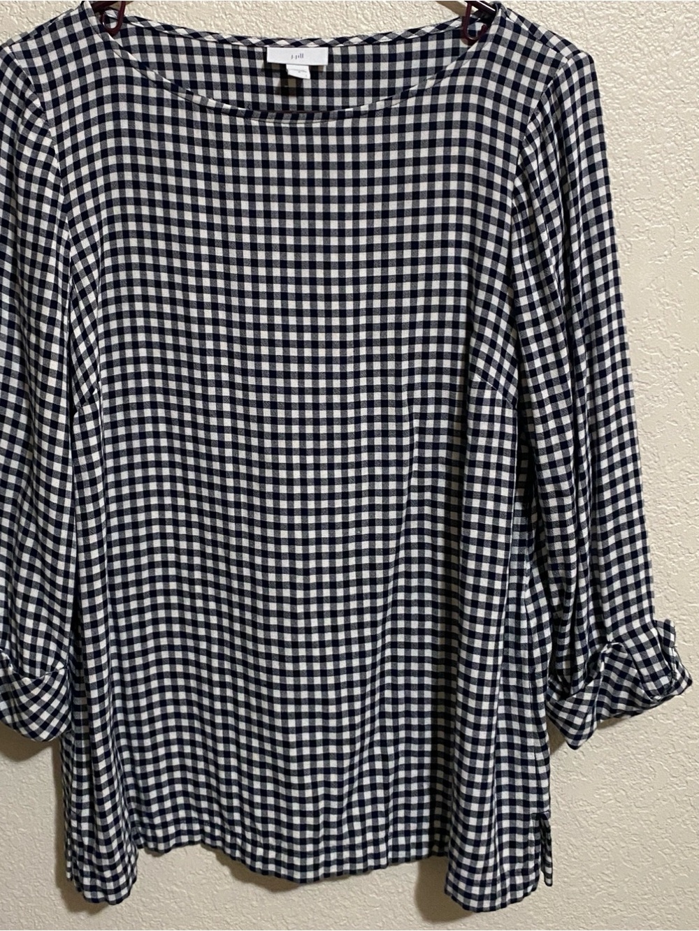 J. Jill Gingham Boatneck Blouse 3/4 Roll Sleeve Black White Rayon Top-S